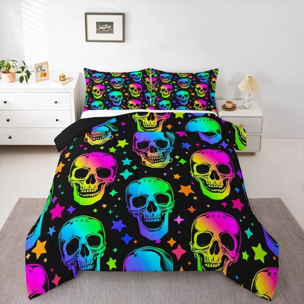 Halloween Comforter Skull Set Queen Sz
